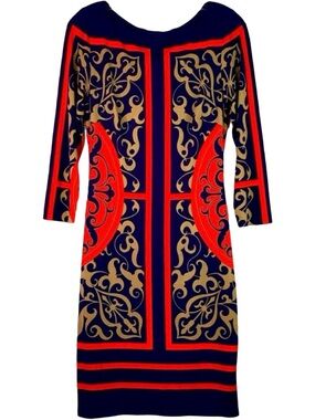 EXCELLENT CONDTN Navy Blue & Red Patterned Sheath Dress by Caché (Medium)